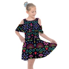 Mexican Folk Art Seamless Pattern Colorful Kids  Shoulder Cutout Chiffon Dress by Paksenen