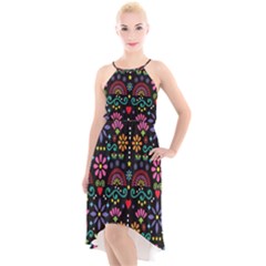 Mexican Folk Art Seamless Pattern Colorful High-low Halter Chiffon Dress 