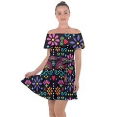 Mexican Folk Art Seamless Pattern Colorful Off Shoulder Velour Dress