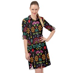 Mexican Folk Art Seamless Pattern Colorful Long Sleeve Mini Shirt Dress