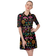 Mexican Folk Art Seamless Pattern Colorful Belted Shirt Dress