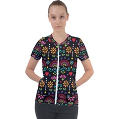 Mexican Folk Art Seamless Pattern Colorful Short Sleeve Zip Up Jacket