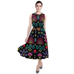 Mexican Folk Art Seamless Pattern Colorful Round Neck Boho Dress