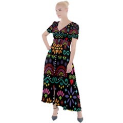 Mexican Folk Art Seamless Pattern Colorful Button Up Short Sleeve Maxi Dress