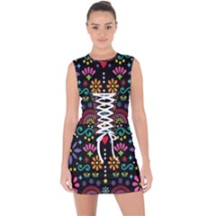 Mexican Folk Art Seamless Pattern Colorful Lace Up Front Bodycon Dress