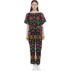 Mexican Folk Art Seamless Pattern Colorful Batwing Lightweight Chiffon Jumpsuit