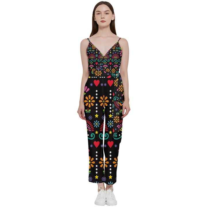 Mexican Folk Art Seamless Pattern Colorful V-Neck Camisole Jumpsuit