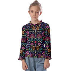 Mexican Folk Art Seamless Pattern Colorful Kids  Frill Detail T-shirt