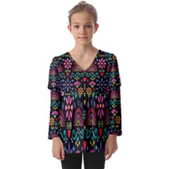 Mexican Folk Art Seamless Pattern Colorful Kids  V Neck Casual Top