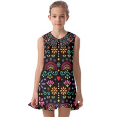 Mexican Folk Art Seamless Pattern Colorful Kids  Pilgrim Collar Ruffle Hem Dress