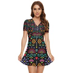 Mexican Folk Art Seamless Pattern Colorful V-neck High Waist Chiffon Mini Dress