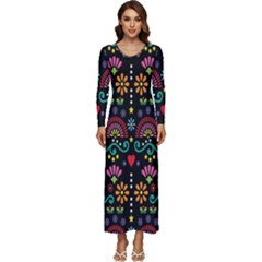 Mexican Folk Art Seamless Pattern Colorful Long Sleeve Longline Maxi Dress