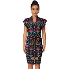 Mexican Folk Art Seamless Pattern Colorful Vintage Frill Sleeve V-neck Bodycon Dress