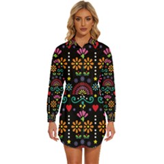 Mexican Folk Art Seamless Pattern Colorful Womens Long Sleeve Shirt Dress