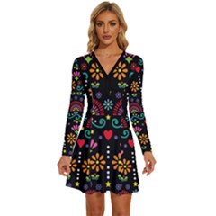 Mexican Folk Art Seamless Pattern Colorful Long Sleeve Deep V Mini Dress 