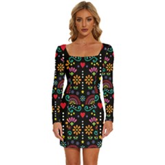 Mexican Folk Art Seamless Pattern Colorful Long Sleeve Square Neck Bodycon Velvet Dress