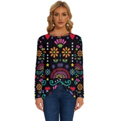 Mexican Folk Art Seamless Pattern Colorful Long Sleeve Crew Neck Pullover Top by Paksenen