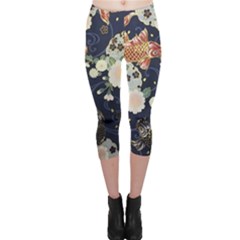 Japanese Wave Koi Illustration Pattern Capri Leggings 