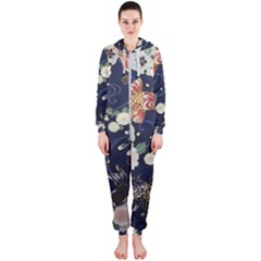 Japanese Wave Koi Illustration Pattern Hooded Jumpsuit (ladies)