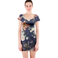 Japanese Wave Koi Illustration Pattern Short Sleeve Bodycon Dress