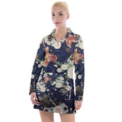 Japanese Wave Koi Illustration Pattern Women s Long Sleeve Casual Dress