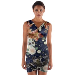 Japanese Wave Koi Illustration Pattern Wrap Front Bodycon Dress