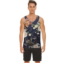 Japanese Wave Koi Illustration Pattern Men s Wide Collar Tank Top