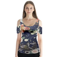 Japanese Wave Koi Illustration Pattern Butterfly Sleeve Cutout T-shirt 