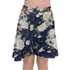 Japanese Wave Koi Illustration Pattern Chiffon Wrap Front Skirt