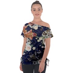 Japanese Wave Koi Illustration Pattern Off Shoulder Tie-up T-shirt