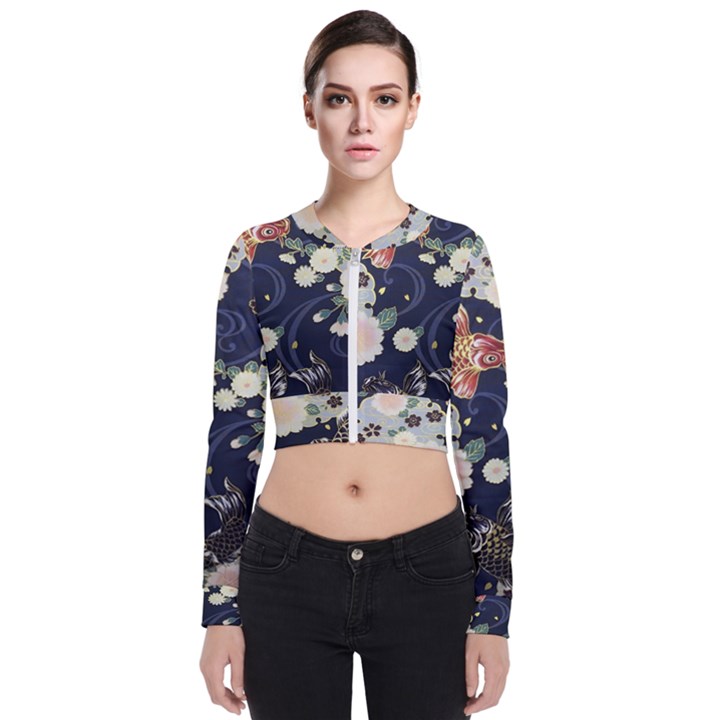 Japanese Wave Koi Illustration Pattern Long Sleeve Zip Up Bomber Jacket