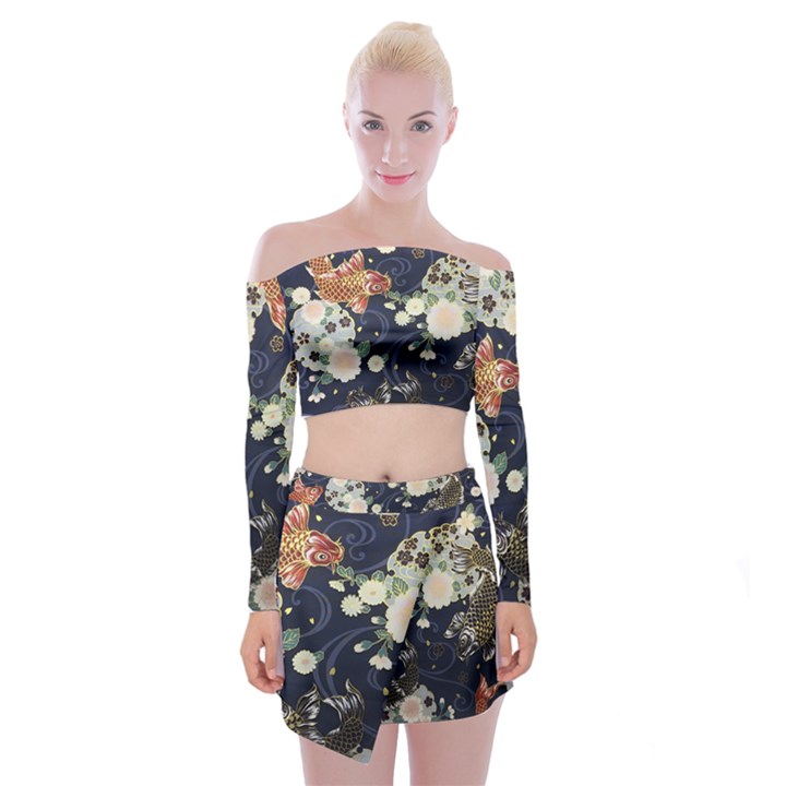 Japanese Wave Koi Illustration Pattern Off Shoulder Top with Mini Skirt Set