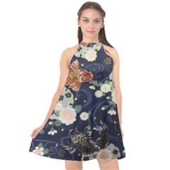 Japanese Wave Koi Illustration Pattern Halter Neckline Chiffon Dress 