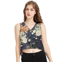 Japanese Wave Koi Illustration Pattern V-neck Cropped Tank Top