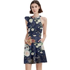 Japanese Wave Koi Illustration Pattern Cocktail Party Halter Sleeveless Dress With Pockets