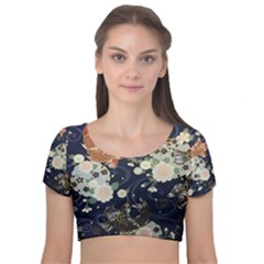 Japanese Wave Koi Illustration Pattern Velvet Short Sleeve Crop Top 