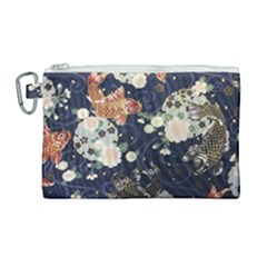 Japanese Wave Koi Illustration Pattern Canvas Cosmetic Bag (large)