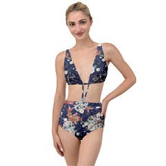 Japanese Wave Koi Illustration Pattern Tied Up Two Piece Swimsuit