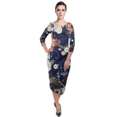 Japanese Wave Koi Illustration Pattern Quarter Sleeve Midi Velour Bodycon Dress