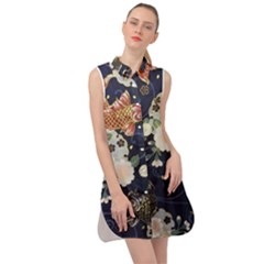 Japanese Wave Koi Illustration Pattern Sleeveless Shirt Dress