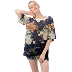 Japanese Wave Koi Illustration Pattern Oversized Chiffon Top