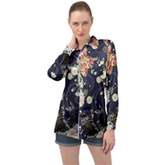 Japanese Wave Koi Illustration Pattern Long Sleeve Satin Shirt