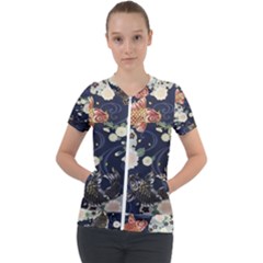 Japanese Wave Koi Illustration Pattern Short Sleeve Zip Up Jacket