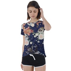 Japanese Wave Koi Illustration Pattern Short Sleeve Open Back T-shirt