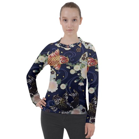 Japanese Wave Koi Illustration Pattern Women s Pique Long Sleeve T-shirt by Ndabl3x