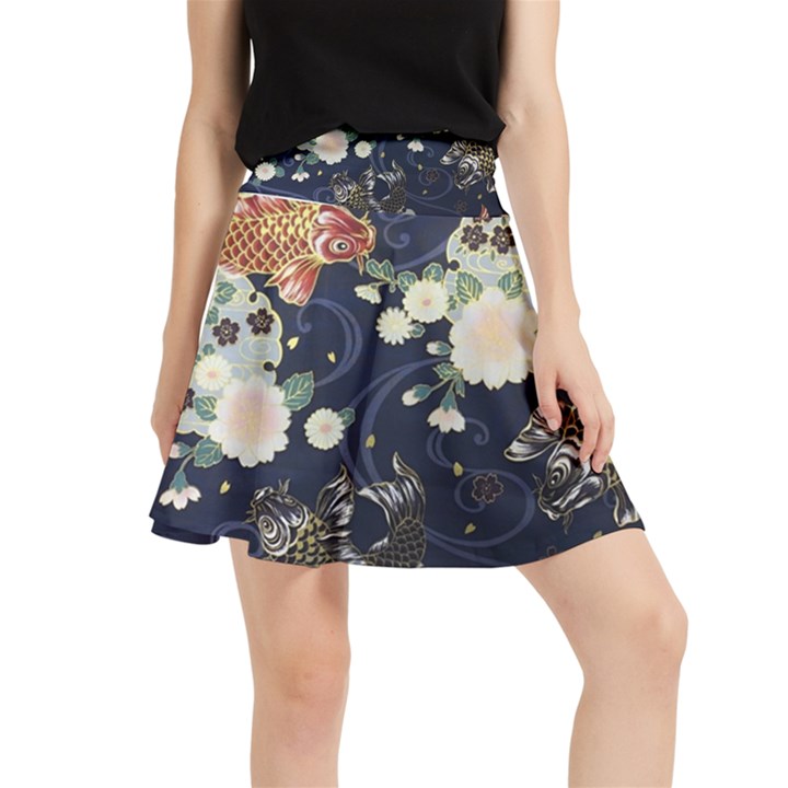 Japanese Wave Koi Illustration Pattern Waistband Skirt