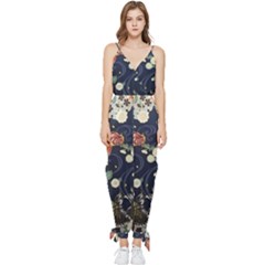 Japanese Wave Koi Illustration Pattern Sleeveless Tie Ankle Chiffon Jumpsuit