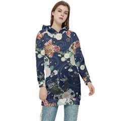 Japanese Wave Koi Illustration Pattern Women s Long Oversized Pullover Hoodie