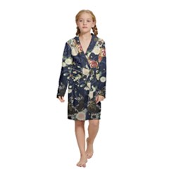 Japanese Wave Koi Illustration Pattern Kids  Long Sleeve Velvet Lounge Robe