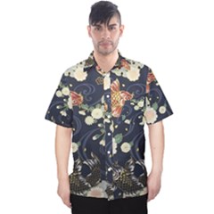 Japanese Wave Koi Illustration Pattern Men s Hawaii Shirt